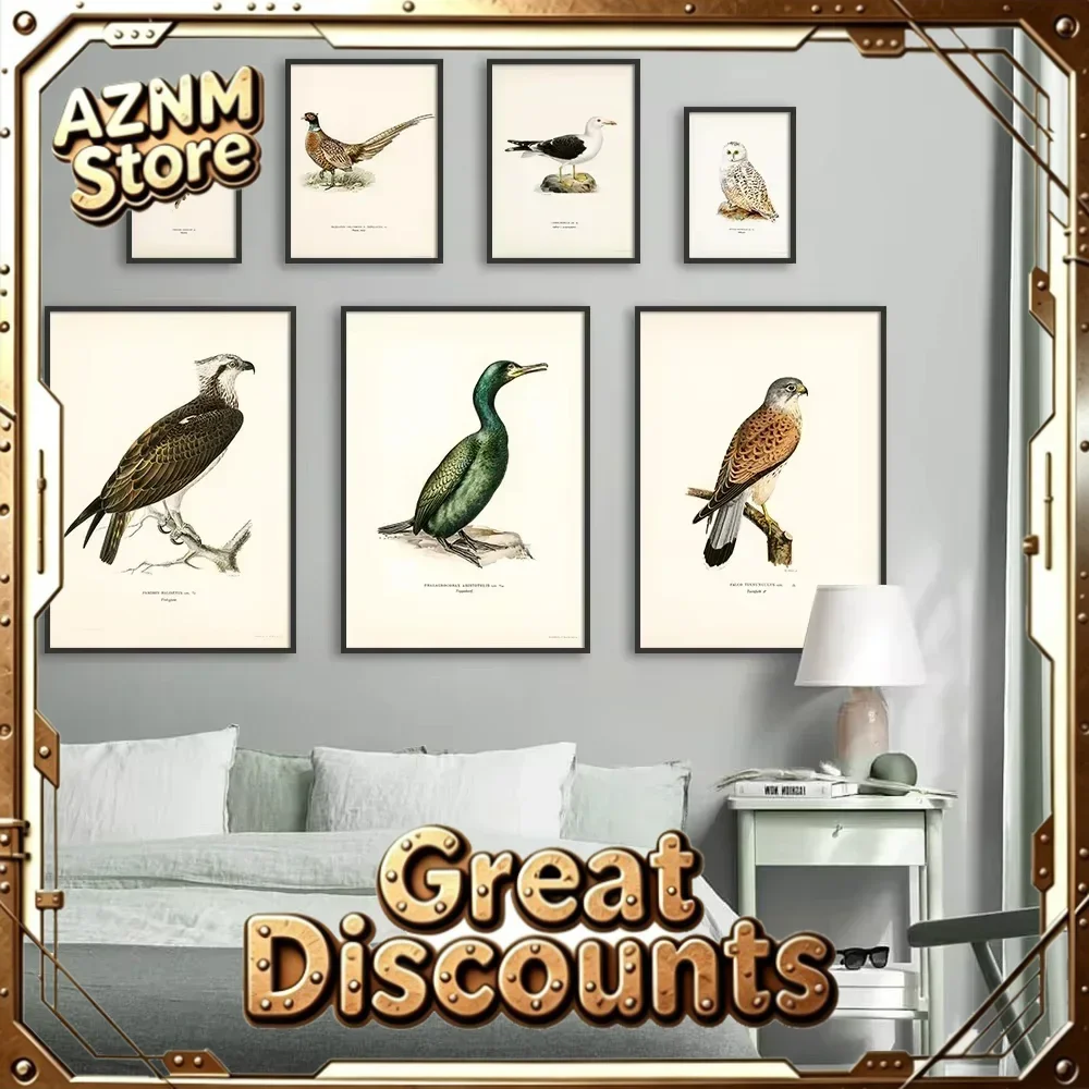 Retro Birds Poster and Print Vertebrate Canvas Painting Cormorant Bird Wall Picture Realism Art Mural Home Decor for Living R