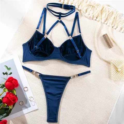 Velvet Bra Sets for Women Sexy Hollow Out Halter Bra Seamless Underwear Fancy Lingerie Set Comfortable Erotic Intimates Set
