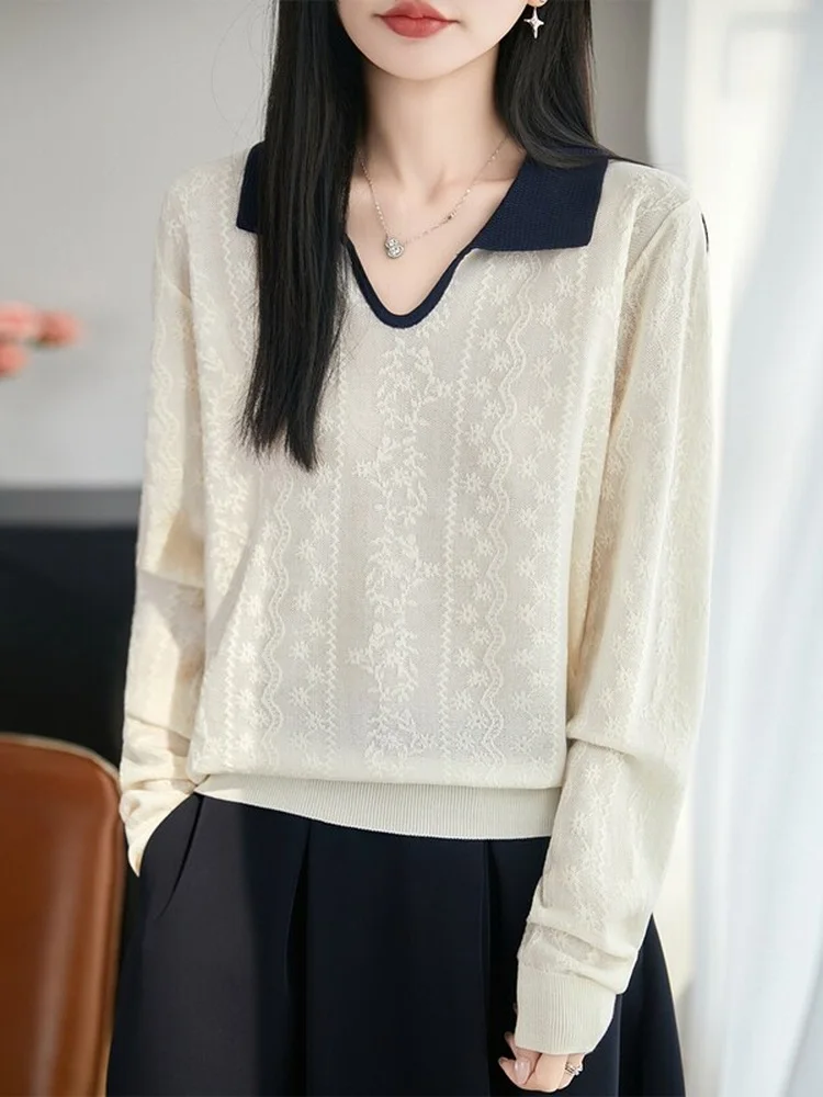 

Стильная вязаная базовая рубашка для женщин на раннюю осень с отложным воротником, повседневная, свободного кроя, с длинным рукавом, модный топ больших размеров