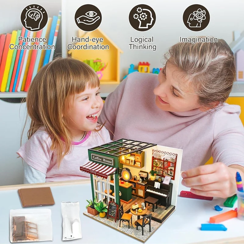 3D Puzzle Model Building  Wooden DIY Miniature Coffee House Kit For Kid Build Wooden Tiny DIY Model Kit Christmas Gifts