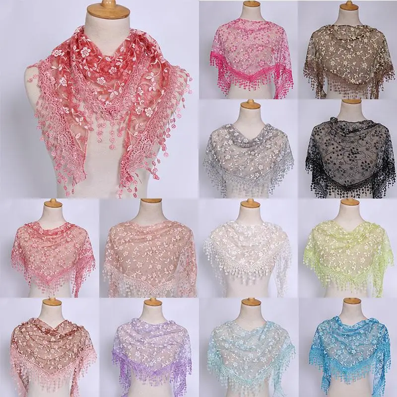 

Fashion Lace Tassel Sheer Triangle Scarf Useful Women Items Hollow Out Floral Scarves Colorful Shawls Durable Soft Muffler