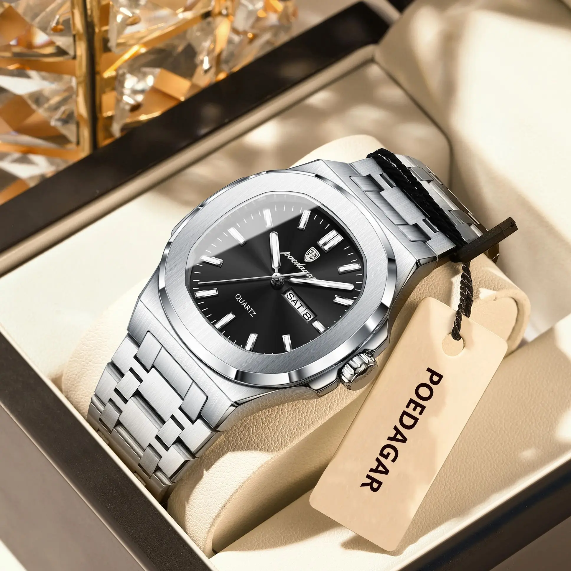 POEDAGAR العلامة التجارية الأصلية ساعة اليد الرجال مضيئة مقاوم للماء الفولاذ المقاوم للصدأ رجل ساعة تاريخ الأسبوع موضة فاخرة ساعات كوارتز رجالية