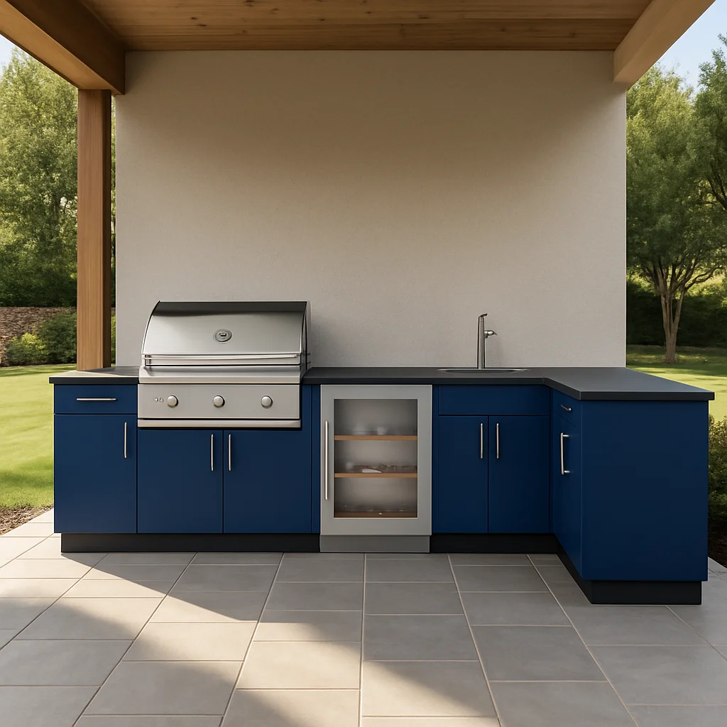 Luxury Outdoor BBQ Island Kitchen Counter With Sink Fridge Modular Waterproof Design Stainless Steel Outdoor Kitchen Cabinet