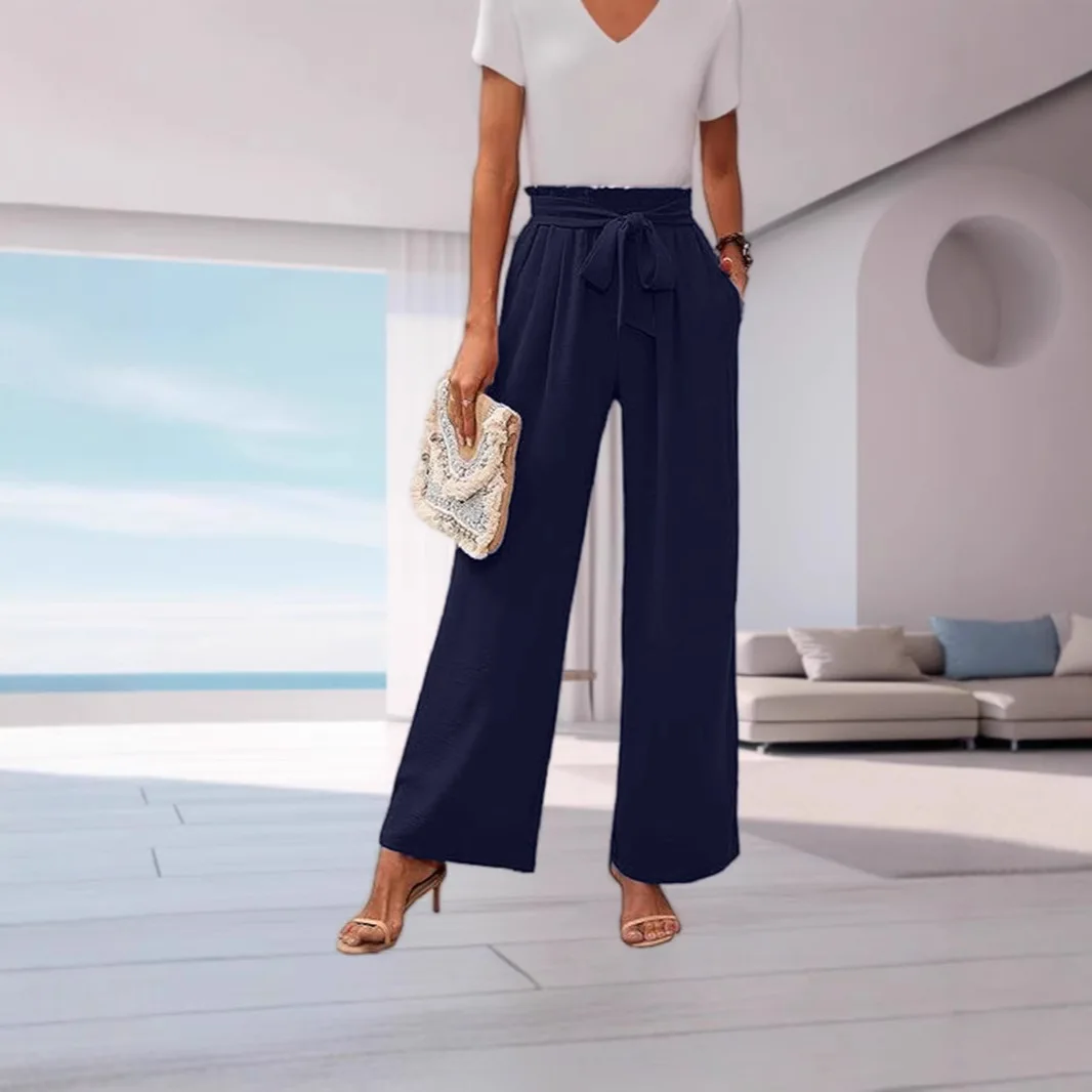 2025 Venta caliente pantalones para mujer Color sólido moda arco cinturón temperamento bolsillo alta cintura ancha pantalones de mujer