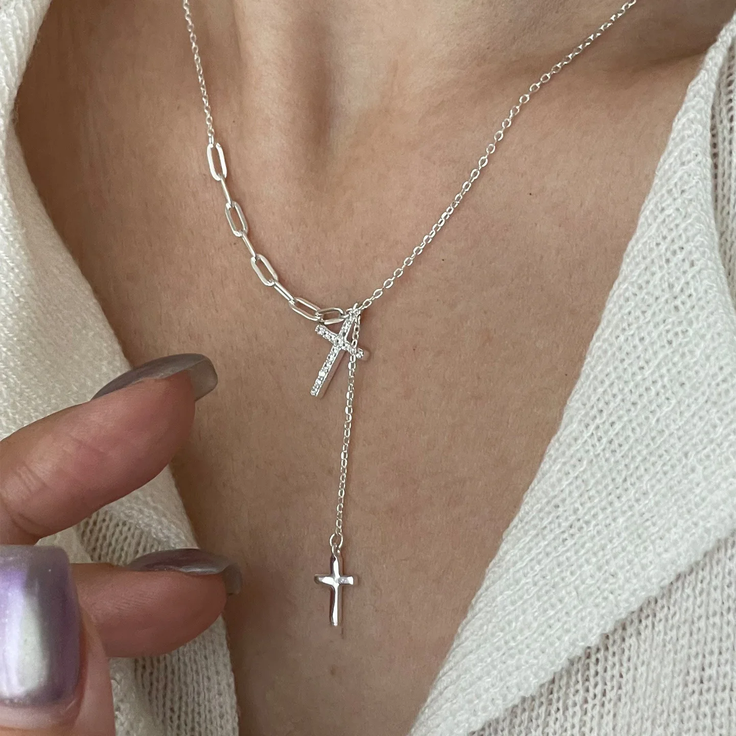 

925 Sterling Silver Necklace Elegant Flower Triple Cross Dazzling Adjustable for Women Girl Jewelry Gift Dropshipping Wholesale