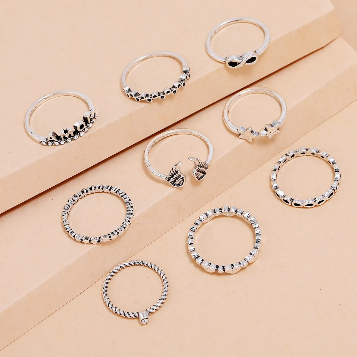 Personalized Geometric Ring, Infinite 8 Angel Wings Star Heart Letter AMOR Ring 9-piece Set