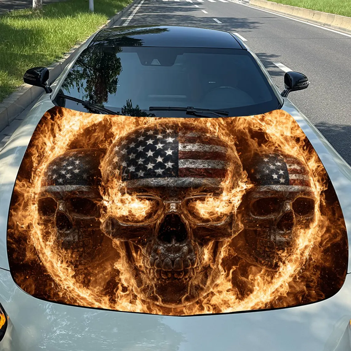 

The Burning American Flag Skull Vinyl Decal - Universal Fit Paper Material Car Hood Wrap, Automotive Exterior Bonnet Sticker, Ve
