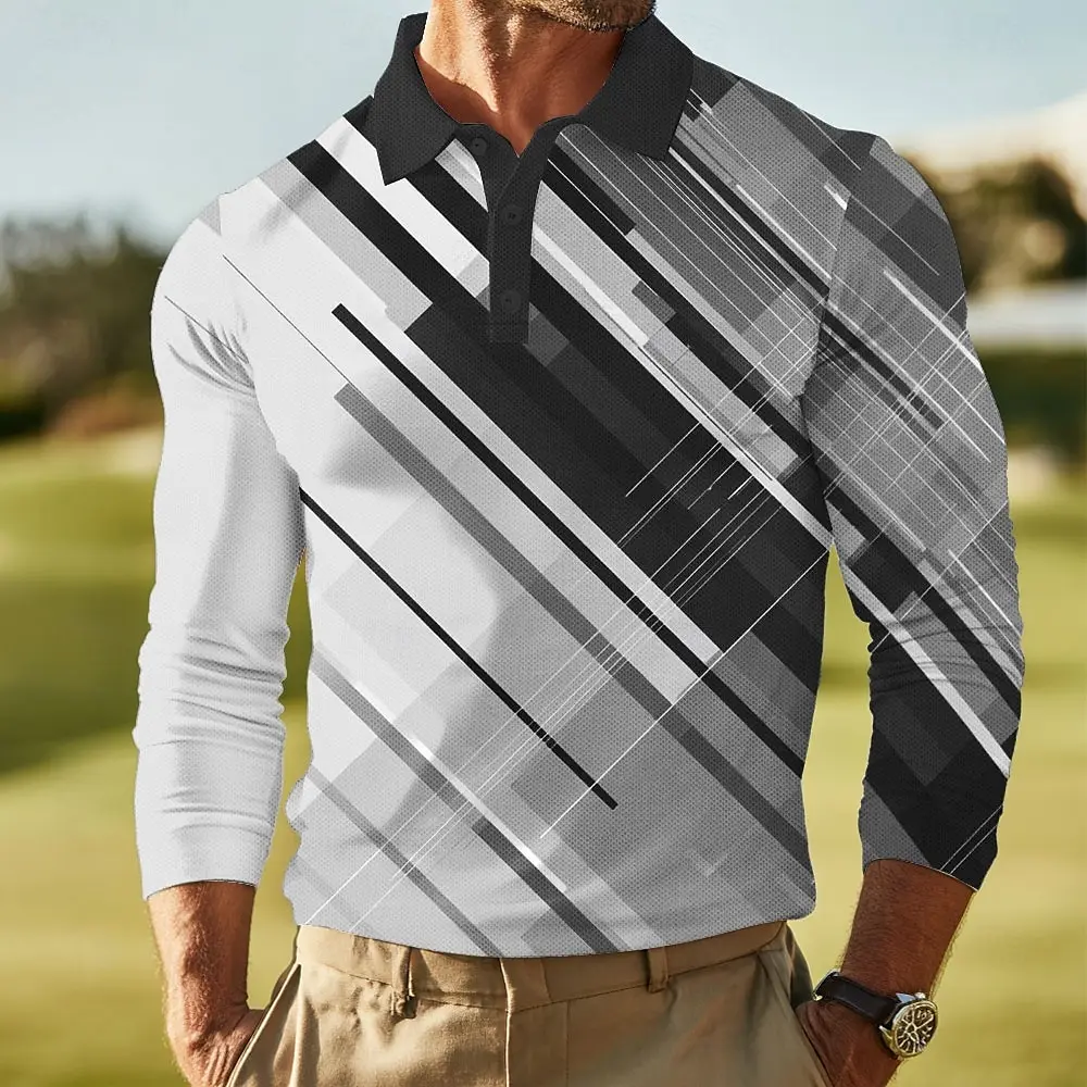 

Мужская полосатая рубашка-поло с градиентом в стиле ретро с длинными рукавами и лацканами, спортивная повседневная уличная офисная повседневная одежда на пуговицах, весна-осень-зима
