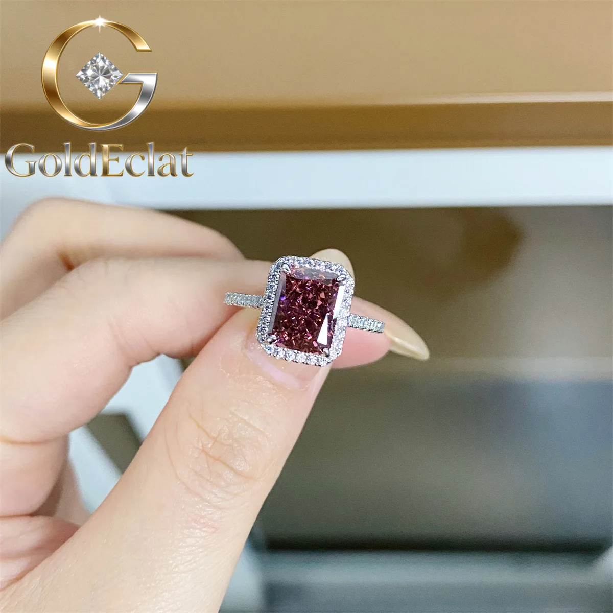 

GoldEclat Роскошное женское кольцо из платины PT950 с бриллиантом муассанитом 3 карата, огранка «Ледяной цветок», квадратное, полностью инкрустированное, в стиле «Руж Пудер»