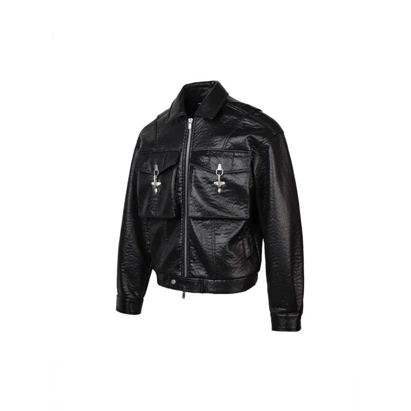 

EME Lychee Leather Texture Motorcycle Jacket Autumn Winter Retro Turn-Down Collar Loose Fit Double Pocket Coat for Men and Women