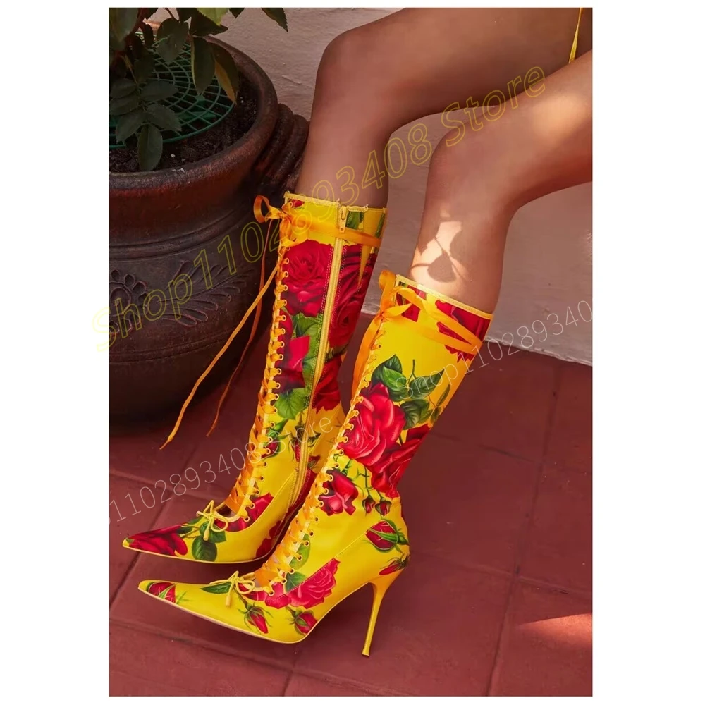 

Yellow Rose Flowers Print Mid Calf Boots Butterfly Knot Pointed Toe Front Lace-up Fashion Sexy Women Shoes 2024 New Para Mujere