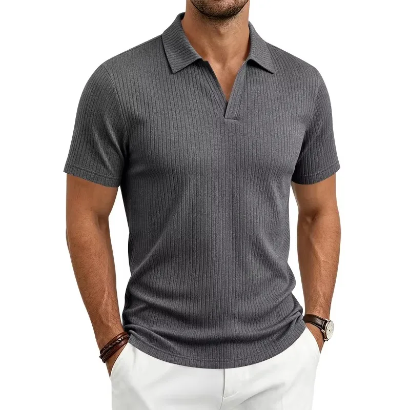 2026 Summer Men's Shirt Pure Color Vertical Stripe V-Neck Polo Shirt Men Casual Quick-Dry Breathability Short Sleeve T-Shirt