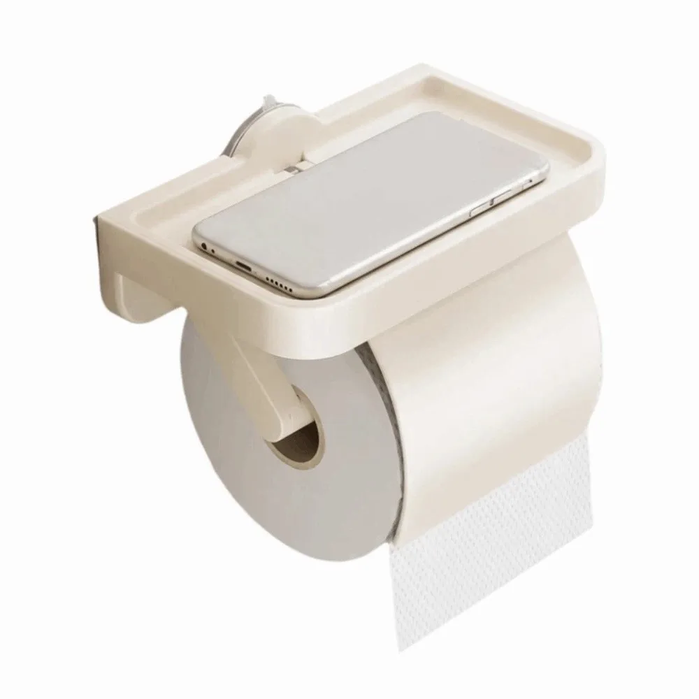 Aan de muur gemonteerde toiletrolhouder met zuignap Ruimtebesparend Papierrolopbergplank zonder boren Roestvrij telefoonopbergvak