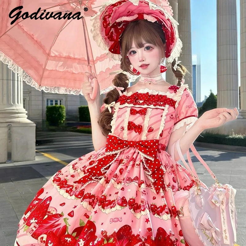 

Original Design Strawberry Print Lolita Op Dress New Spring and Summer Sweet Girl Women's Cute Bow Short Sleeve A-line Dresses