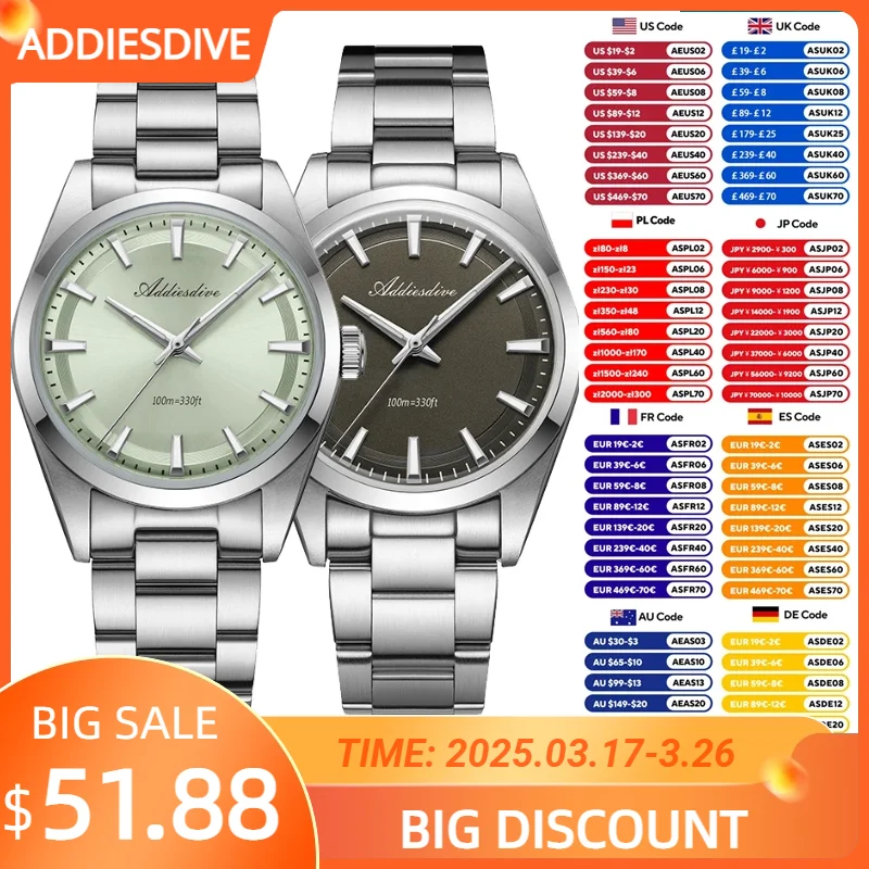 ADDIESDIVE 36MM Simple Stainless Steel Men's Watch Bubble Mirror Glass Luxury Quartz Watches 100M Waterproof AD2066 Reloj Hombre