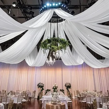 ชุดแต่งงานสีขาวเพดานผ้าม่านหลังคา Canopy Decor Draping ผ้าชีฟองผ้าม่านสําหรับงานแต่งงานเวทีตกแต่งโรงแรม