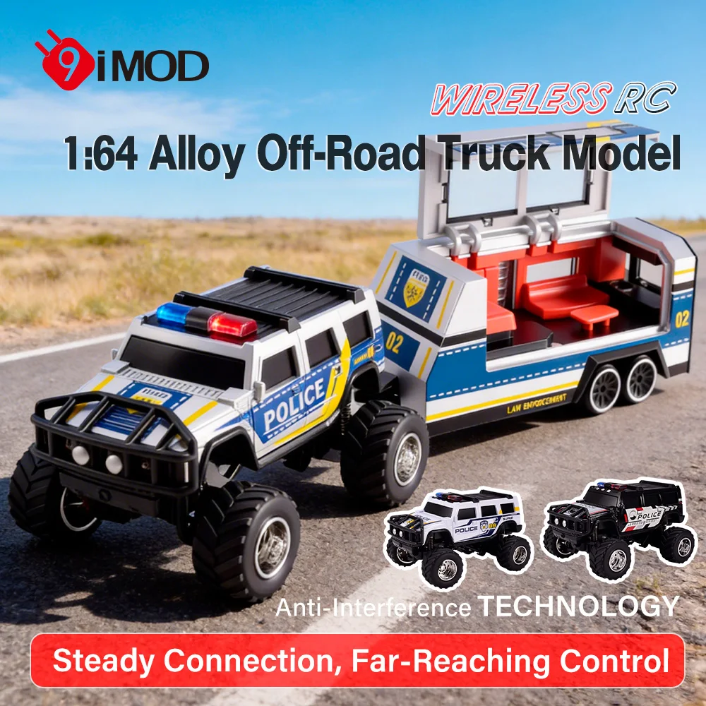 9imod RC Police Car 2.4G APP Control Off Road Truck w Lights Sound Suspension All Terrain Tires w Trailer for Kids