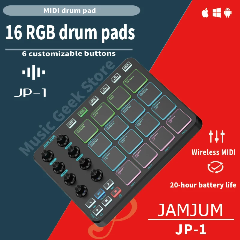 JAMJUM JP-1 Wireless MIDI Controller MIDI Keyboard Pad, 16 RGB Backlit Pads, BT/USB-C, 20H Battery, 3.5mm Output, Low Latency