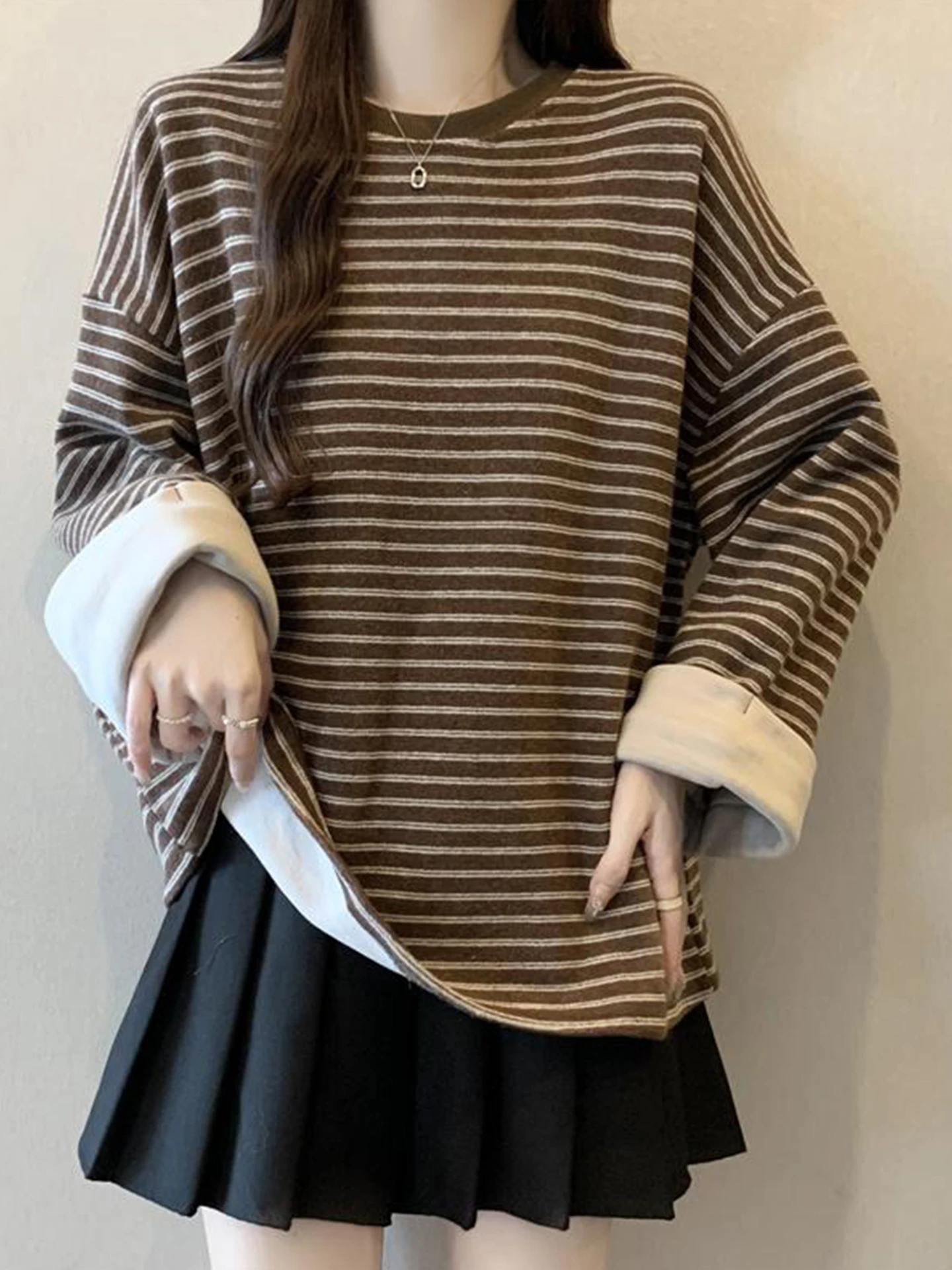 

Свободная женская толстовка с длинным рукавом, полосатая, для ношения под одеждой, базовый топ больших размеров, скрывающий живот, комфортная, в корейском стиле