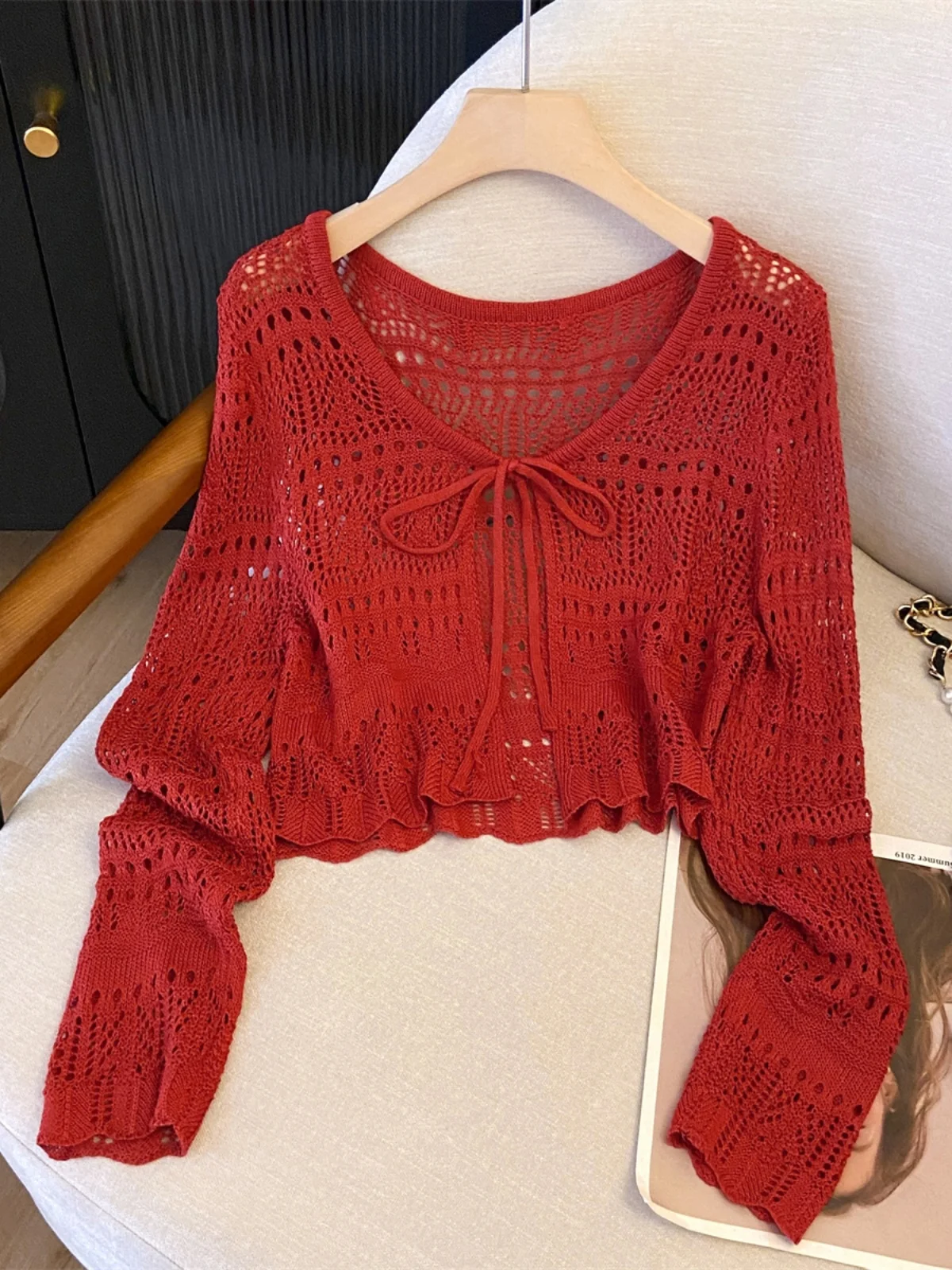 夏用多用途透かし編みニットリネン長袖日焼け止めカーディガンショールレディースアウターアイスシルクトップ