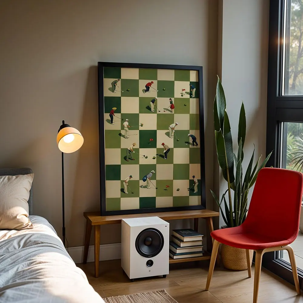 Vintage Checkerboard Golf Character Canvas Wall Decor Picture, 2D Printed Poster Wall Art, Unique Home Decor For Living Room And