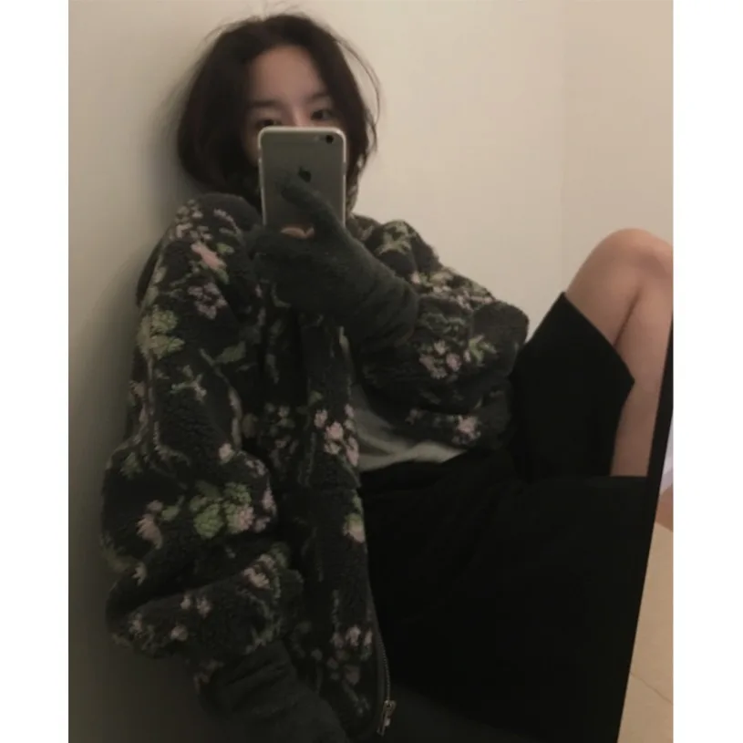 Faionable Autumn Winter Floral Print Lamb Fur Zipper ket Cotton Jaet Women's Sli Anti-Aging Outerwear Coat