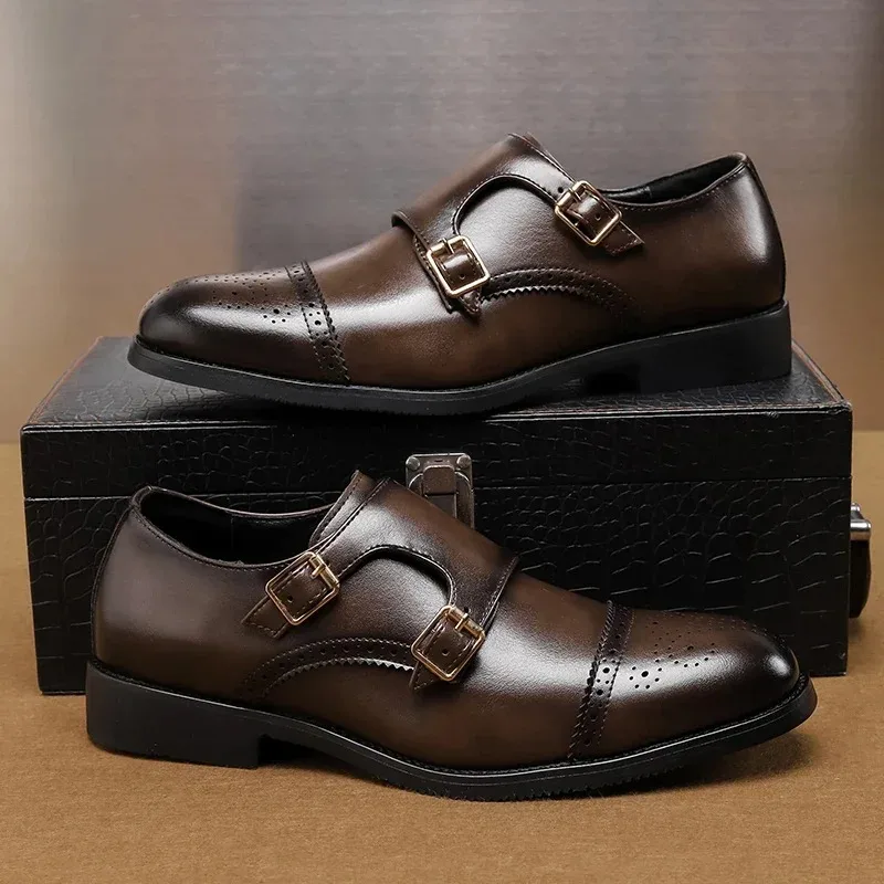 

Men's Shoes 2026 New Black Low Top Leather Shoe Classic Double Buckle Business Shoes for Men Brand Banquet Party Formal Footwear
