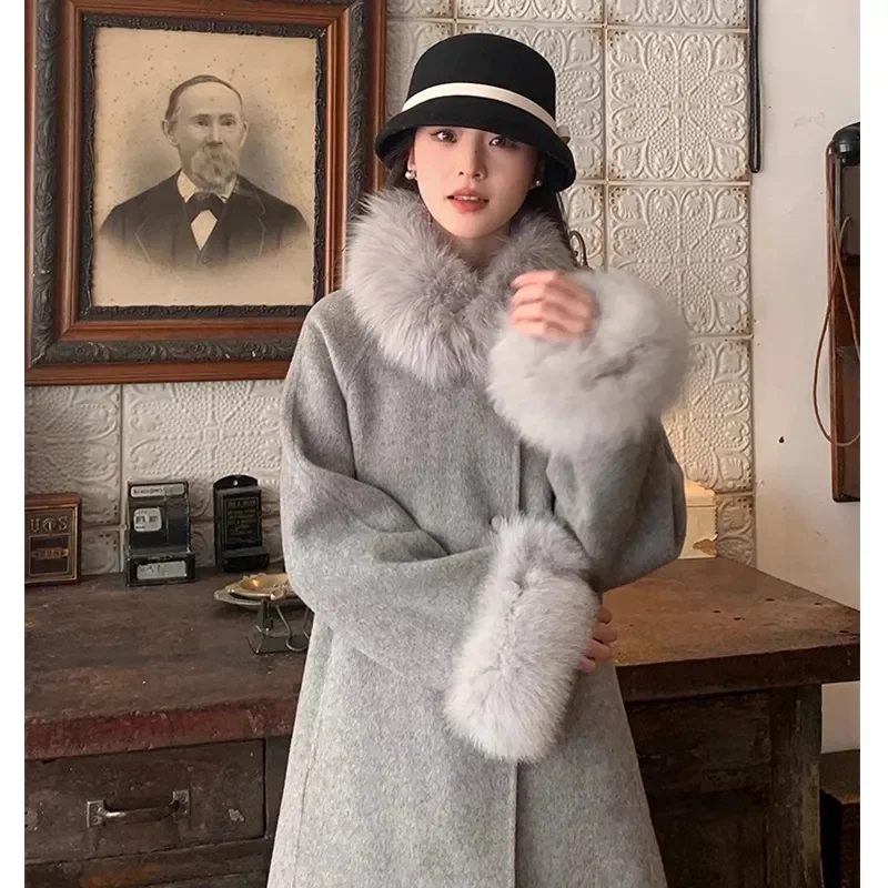 

Fox Fur Wool Overcoat Women's Long Coat Office Lady Elegant Double-sided Woolen Coat 2025 New Cardigan Jackets Loose