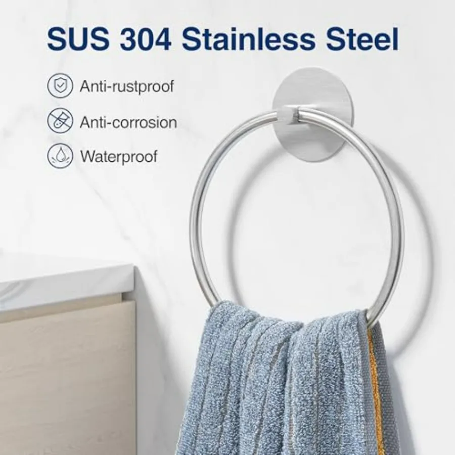 Nickel Brushed Bathroom Towel Ring - SUS304 Stainless Steel Bathroom Towel Rack, Adhesive Wall Mounted Hand Towels Holder, Towe