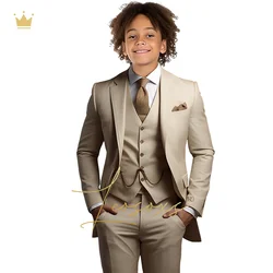 Traje clásico caqui para niños, traje de 3 piezas, solapa de muesca para niños, boda, vacaciones, cumpleaños, chaqueta, chaleco y pantalones, esmoquin personalizado