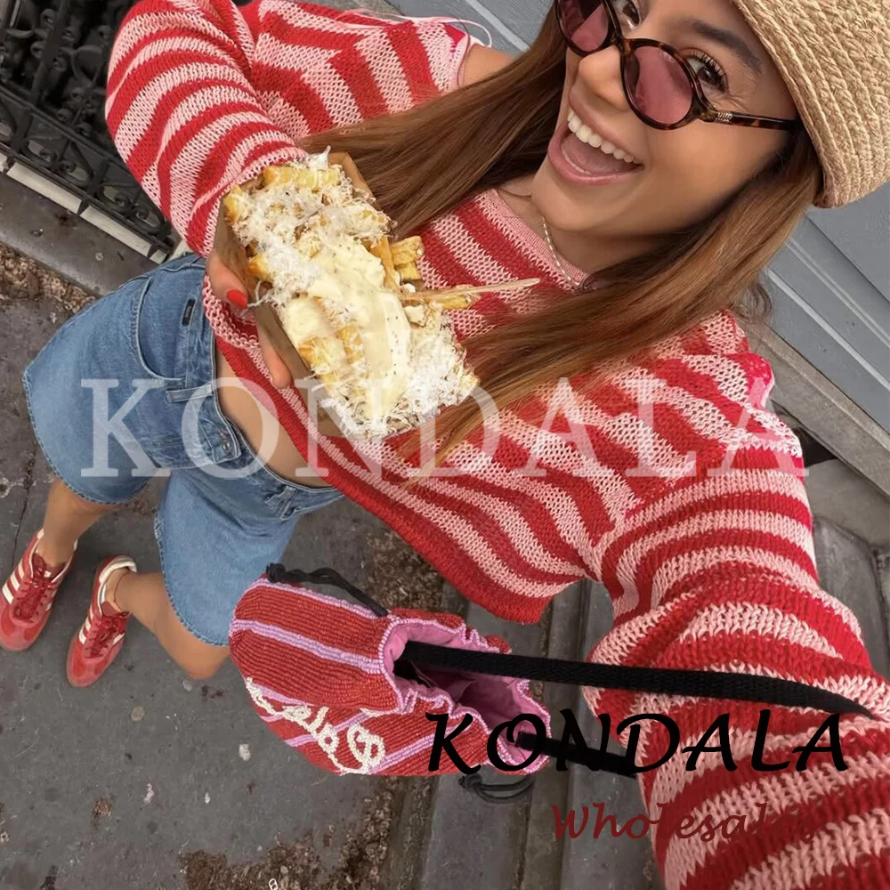 KONDALA Vintage Red Striped Women Summer Knitwear Fashion 2026 Pullover O-Neck Shirt Chic Long Sleeve Y2K Female Short Sweater