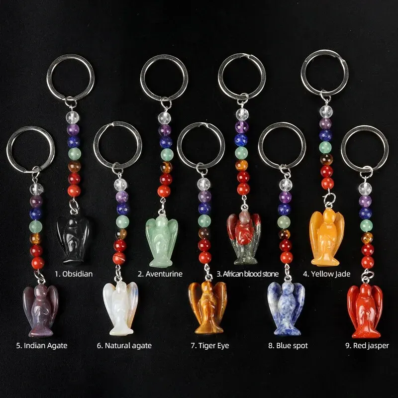 1pc 18x28mm Random Natural Stone Angel Keychain Agate Amethyst Quartz Guardian Angel Seven Chakras Pendant Jewelry Accessories