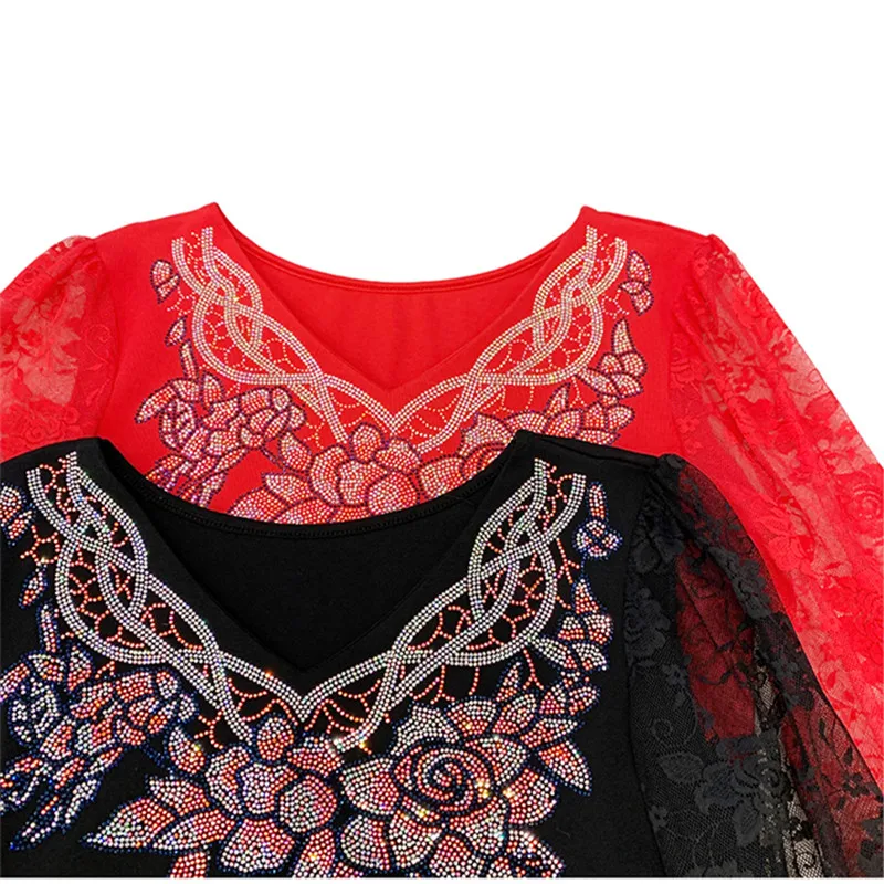 

New Autumn Luxury Flower Hot Diamonds Women's T-Shirt Elegant Slim Fashion Casual Long Sleeved Tees V-Neck Elasticity Blouses