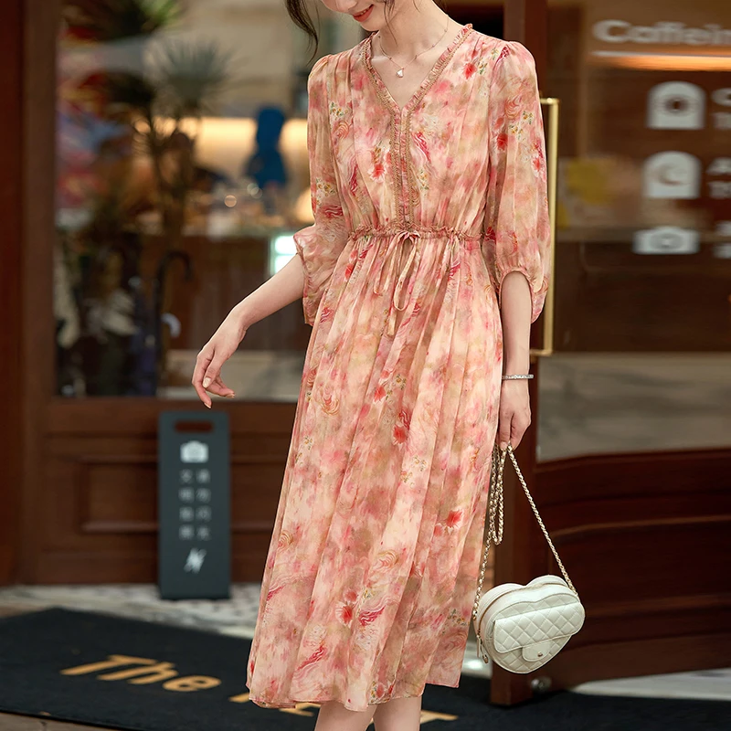 Summer Elegant Dresses for Women 2026 V-neck Lace Patchwork 100% Real Silk Floral Print Holiday Style Woman Long Dress A-line