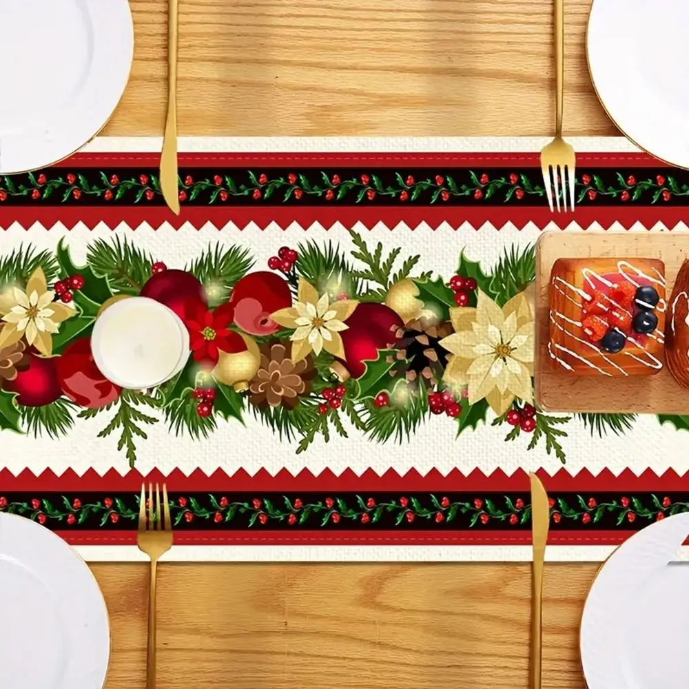 Poinsettia Flower Pattern Christmas Table Runner Long Length Linen Material Table Decor Cloth Rectangular Shape