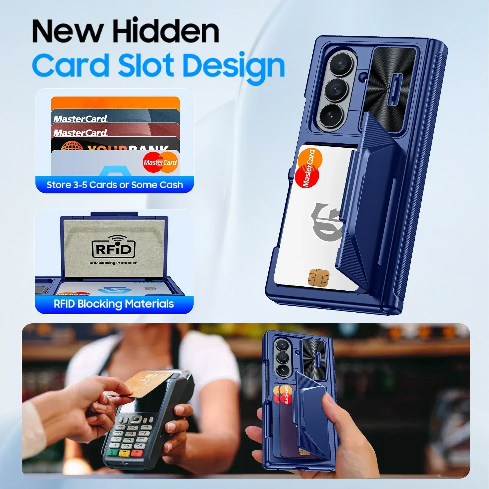 618 Hot Deals for Samsung Galaxy Fold 7 Case,with RFID Cards Holder,Protector,Slide Camera Cover,Shockproof Wallet Case-Blue