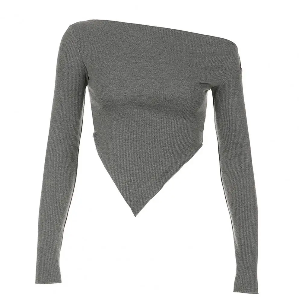 Women Solid Autumn Winter Grunge Asymmetrical Neck Rib-knit Tee Strapless Blouse Long Sleeve Casual Sweater Handkerchief Hem