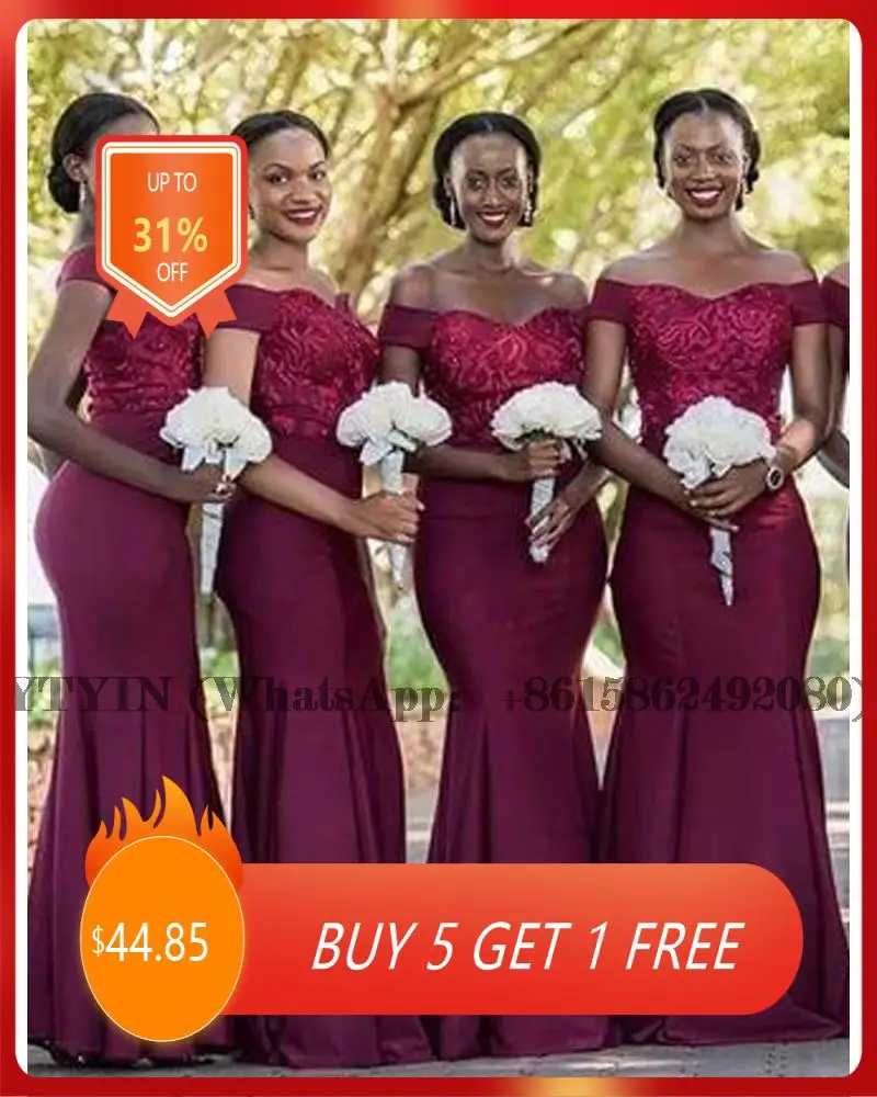 

Burgundy Mermaid Bridesmaid Dresses Off the Shoulder African Black Girls Vestidos De Fiesta Para Bodas