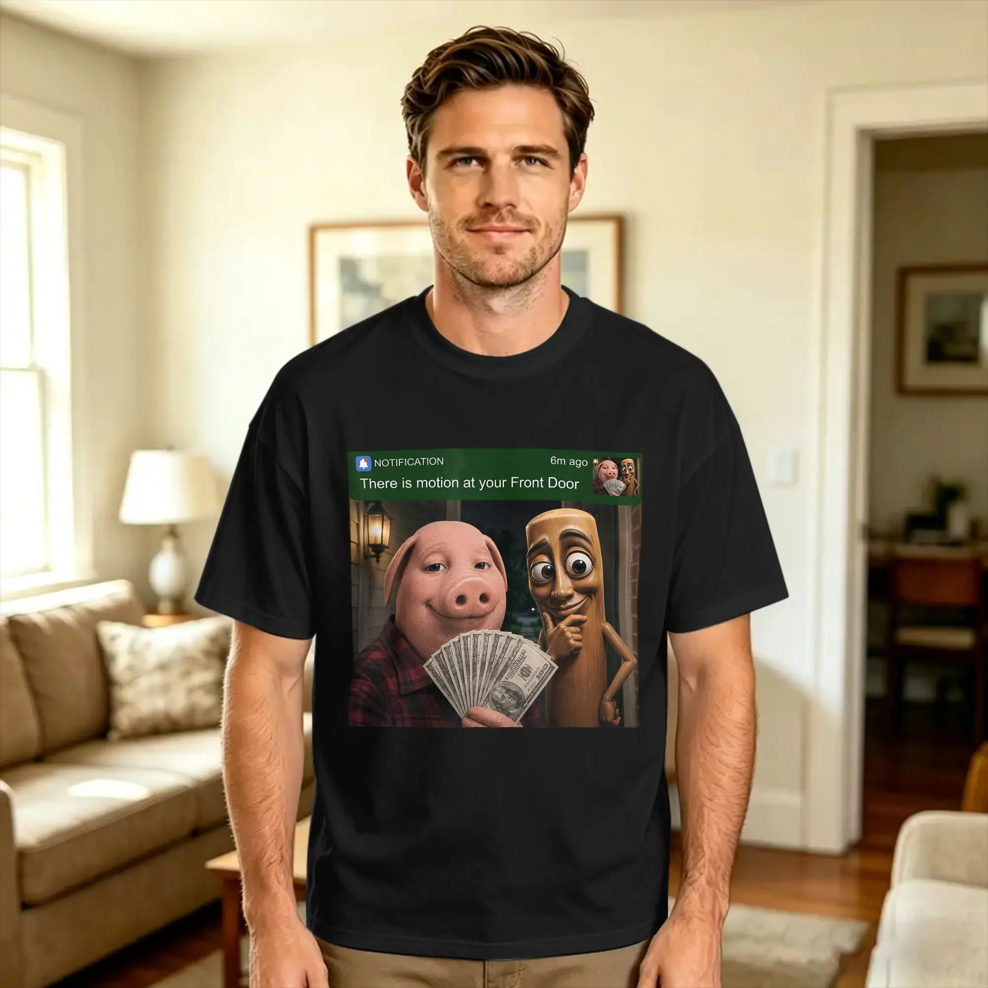 Men's Tung Tung Tung Sahur John Pork Motion at Your Front Door T-Shirts  Cotton Top Tees Vintage Short Sleeve T-Shirt O Neck