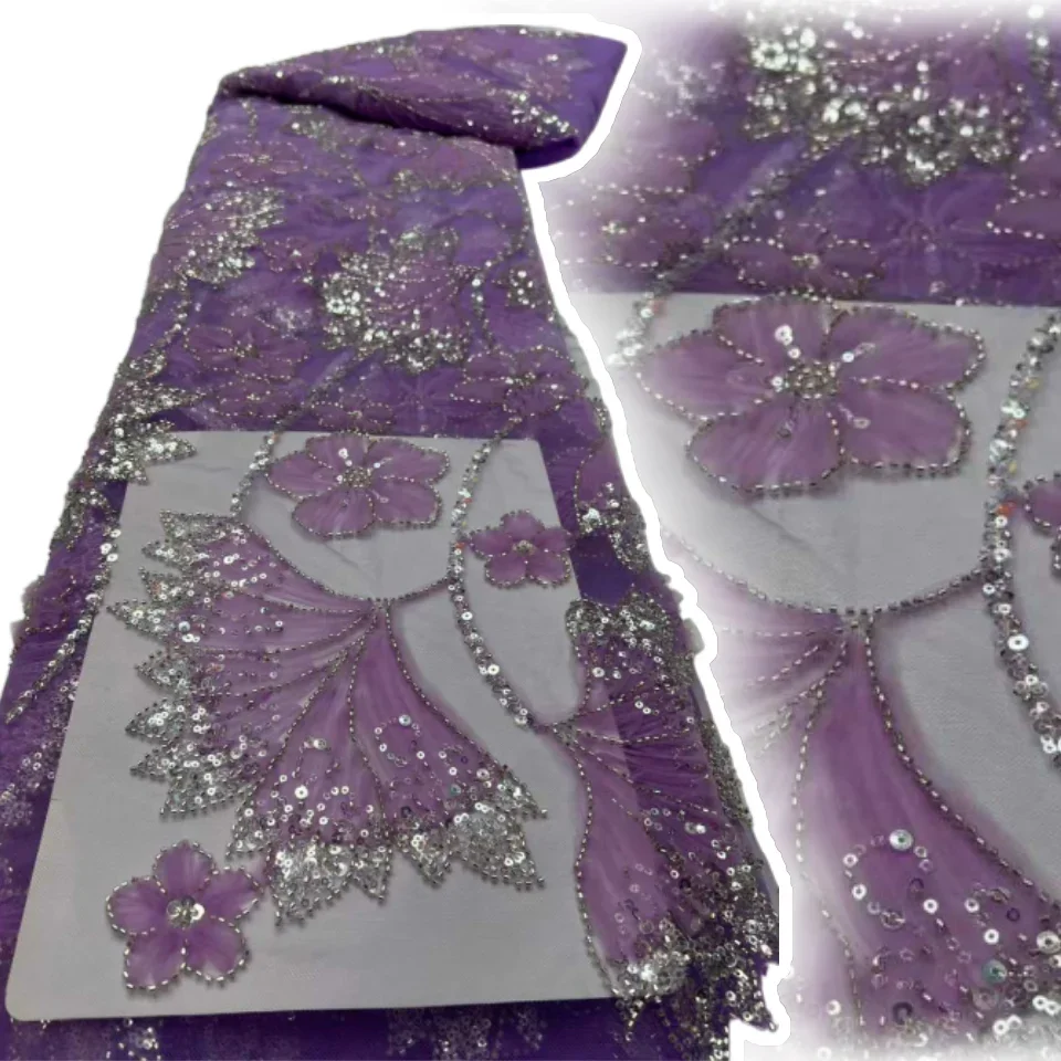 

3D Luxury African Sequins Jacquard Groom Lace Fabric High Quality French Nigerian Beaded Lace Fabric for Wedding Dress