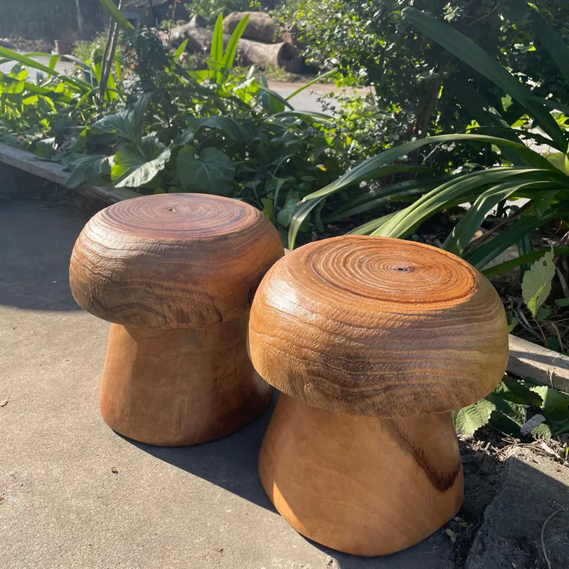Round Camphor Wood Mushroom Stool Tree Root Carved Seat Rustic Wooden Stump Chair for Garden Natural Log Block Side Table Stool view 2