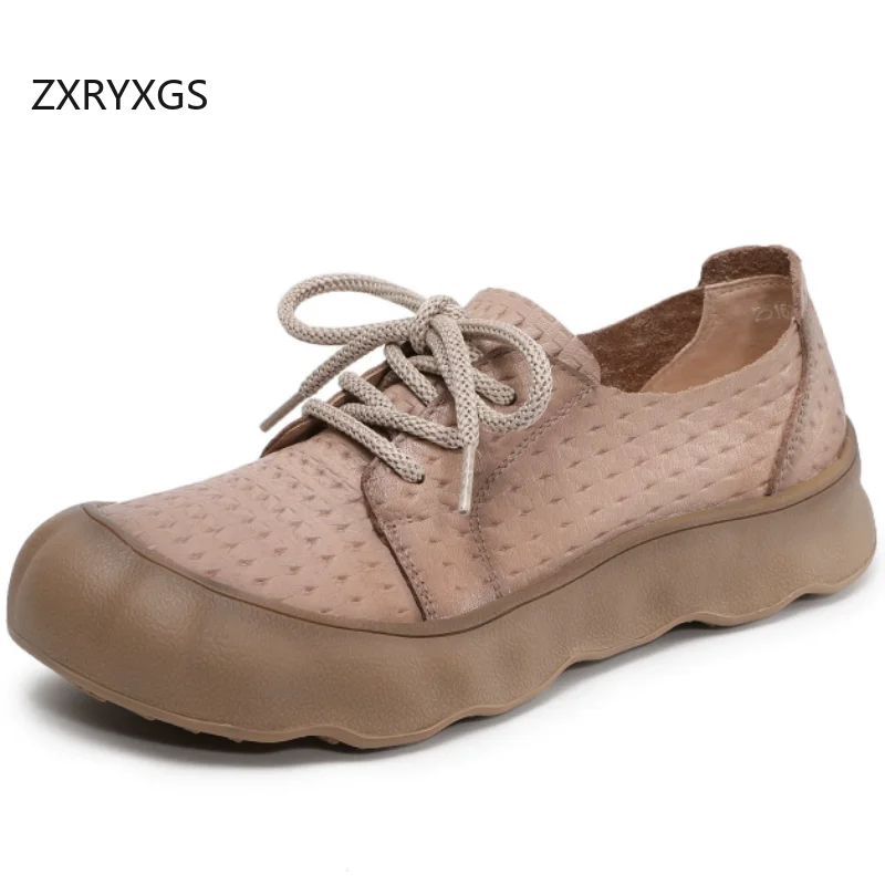 

ZXRYXGS 2026 Новые премиальные женские кроссовки из воловьей кожи с тиснением, дышащие, удобные, повседневные, на плоской толстой подошве