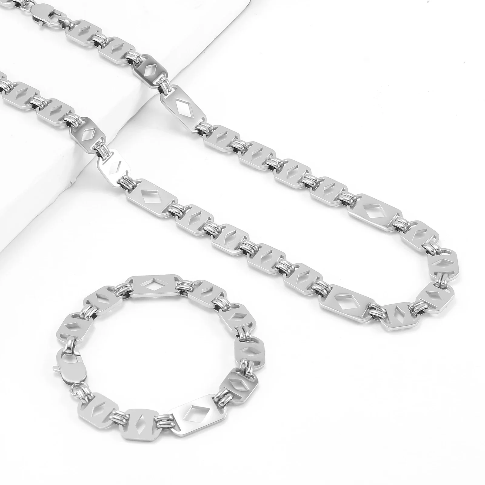 Geometrical Hollow Out Rhombus Link Chain Neckalce Bracelet for Men Women 316L Gold Silver Color Stainless Steel Fashion Jewelry - Image 6