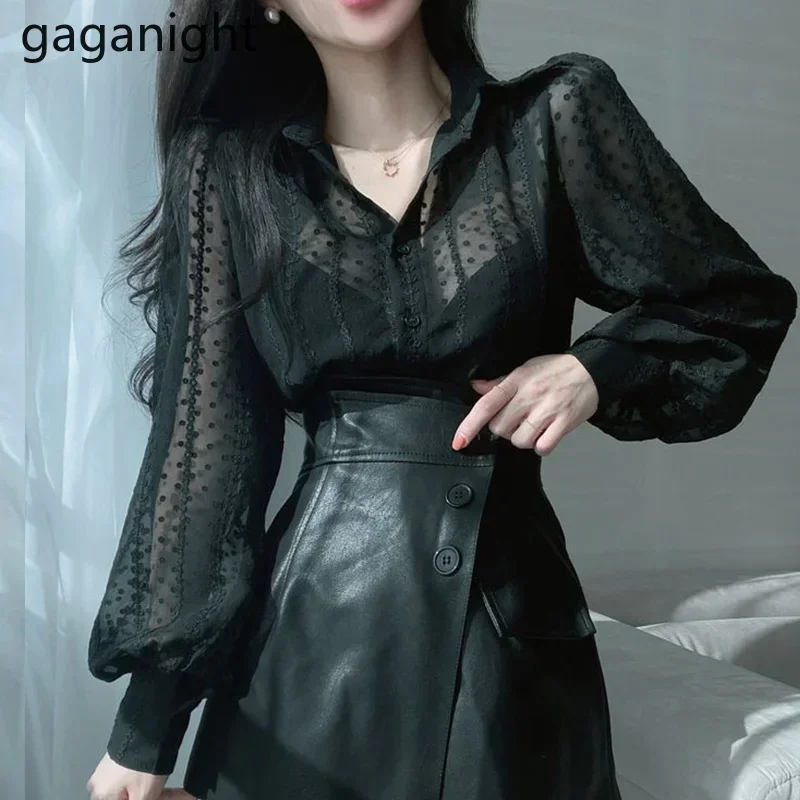 Gaganight feminino tridimensional gancho flor camisa coreano chique primavera elegante lapela solta manga puff blusa feminina topos