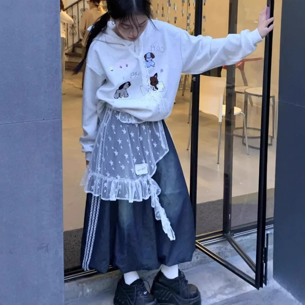 Rok Mini Renda Bintang Manis Rok Kasa Pinggang Tinggi Gaya Jepang Rok Tepi Ruffle Peri Faldas Y2K Pesta