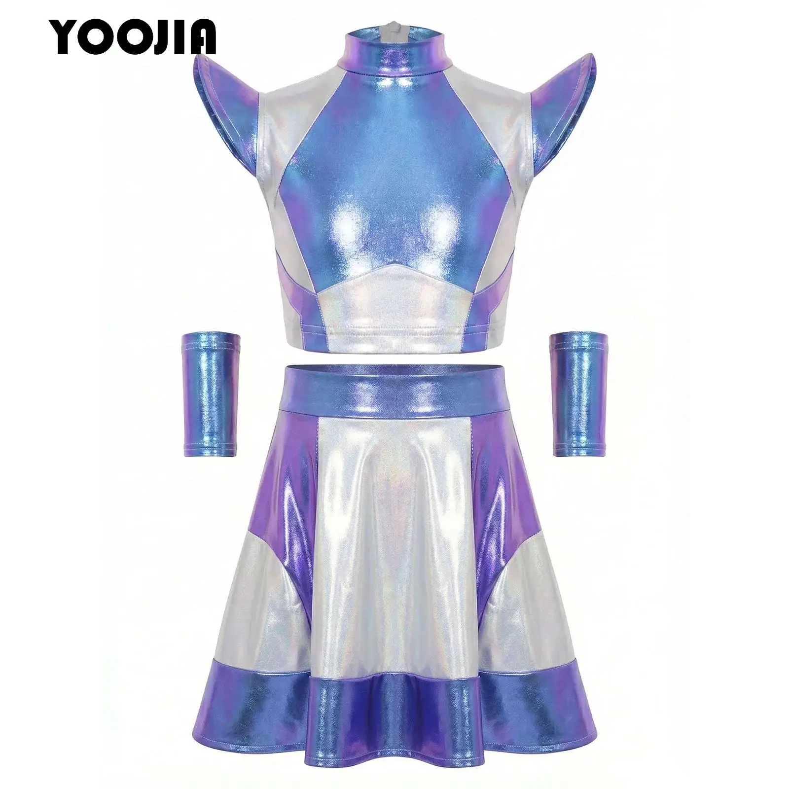 Girls Alien Costume Halloween Astronaut Robot Space Cosplay Cutie Outfit Cap Sleeve Metallic Crop Top Mini Skirt Oversleeve Suit