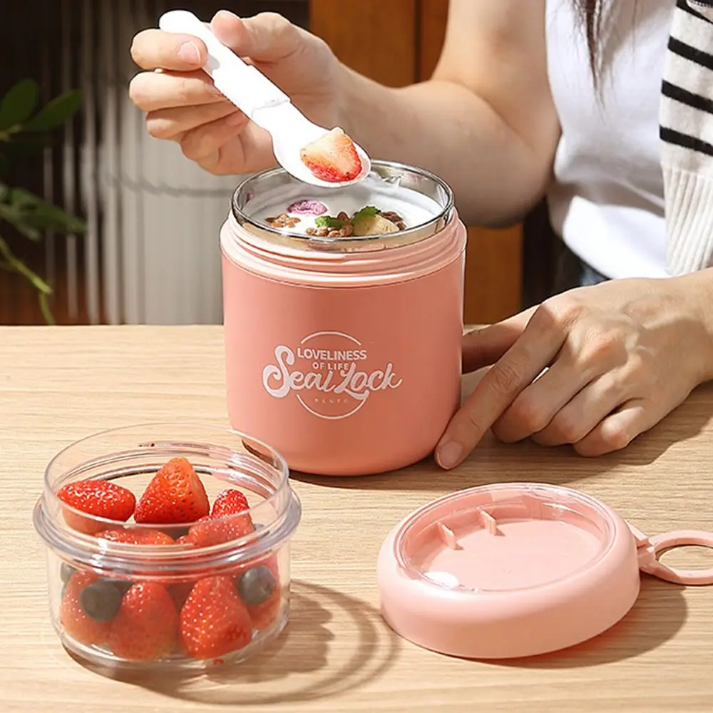 

Sealed Double Layer Soup Cup Leak Proof Insulation Food Thermos Container Transparent with Handle Oat Breakfast Cups with Spoon