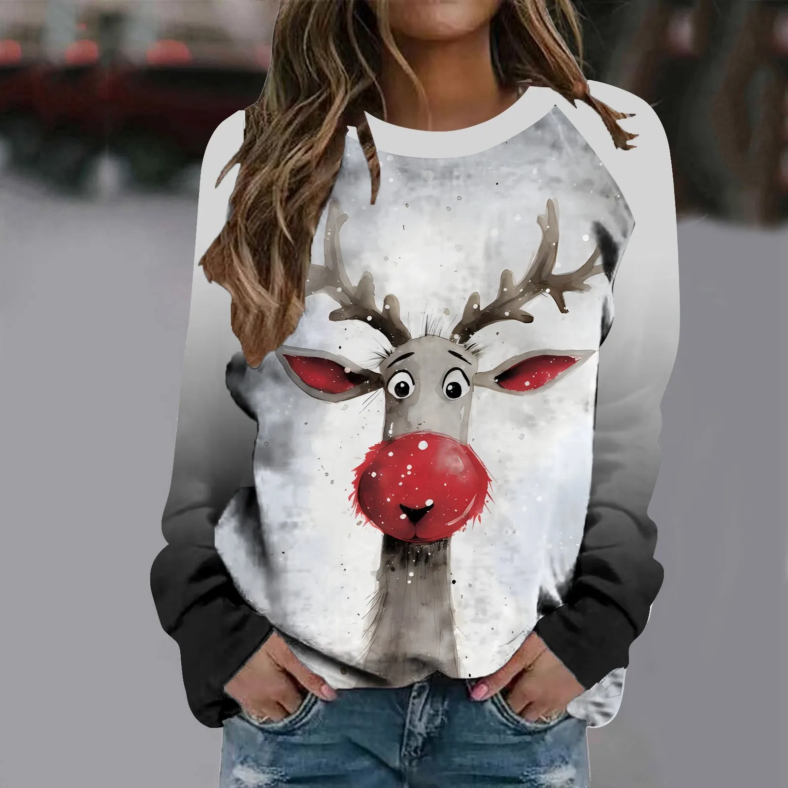 Autumn Winter Casual Women's Christmas 3D Print Sweatshirt Cartoon Elk Print Loose Casual Fashion Streetwear Female T-Shirt