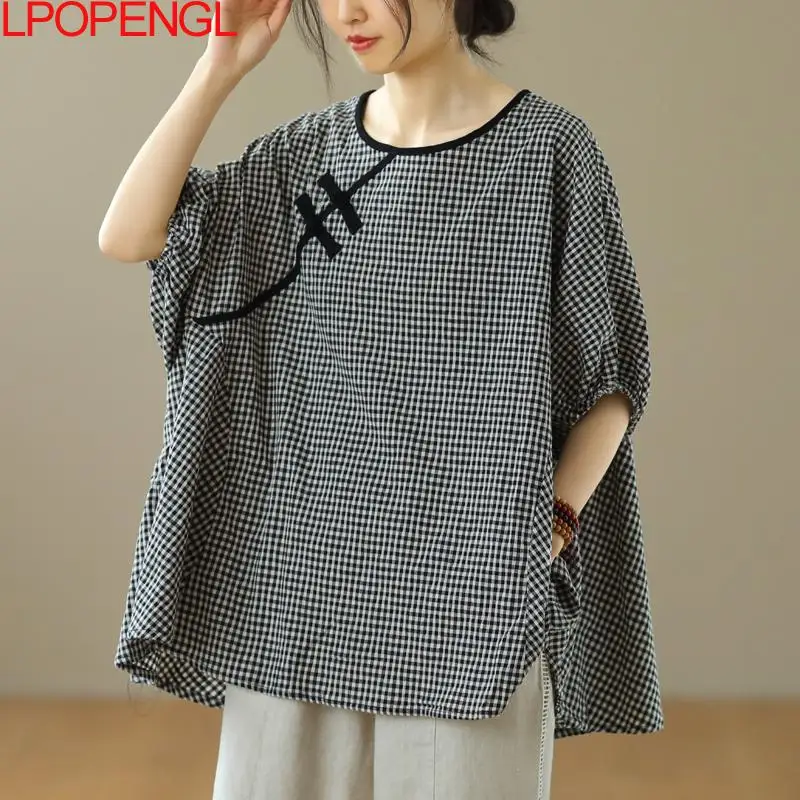 Woman Fashion Ethnic Style 2023 Summer Retro Buckle Cotton Linen Pullover Lantern Sleeve Plaid O-neck Vintage Oversized Shirt