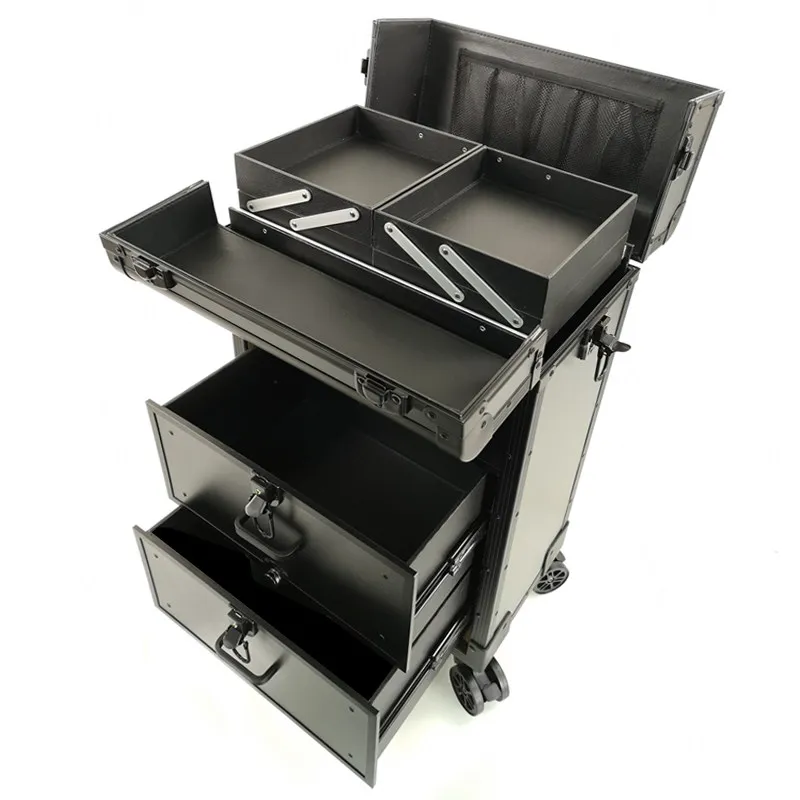Light luxury aluminum alloy large trolley cosmetic case Professional follow-up makeup pattern embroidery storage toolbox